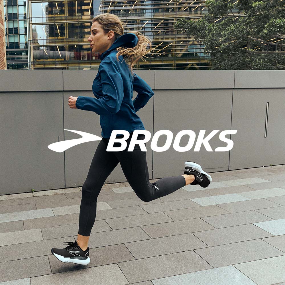 brooks brand tile with logo and woman running with brooks shoes